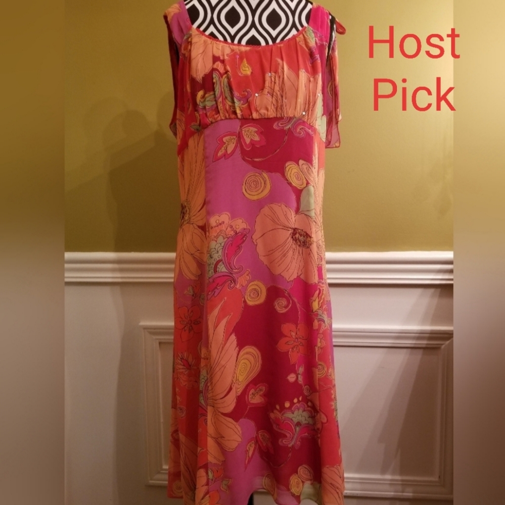 Bob Mackie Floral Print Silk Sleeveless Midi Dress with Scarf